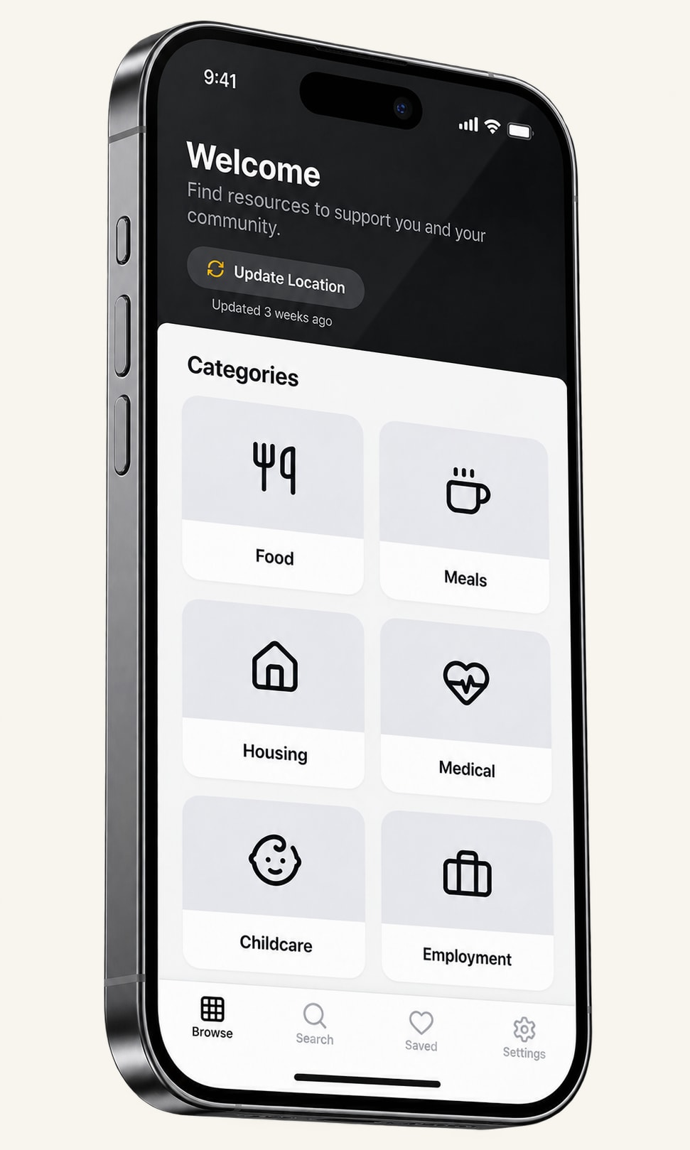 BBTX mobile app showing categories of community resources